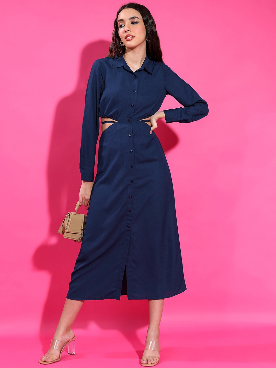 

Tokyo Talkies Navy Blue Shirt Collar Cut Out Detail Shirt Midi Dress