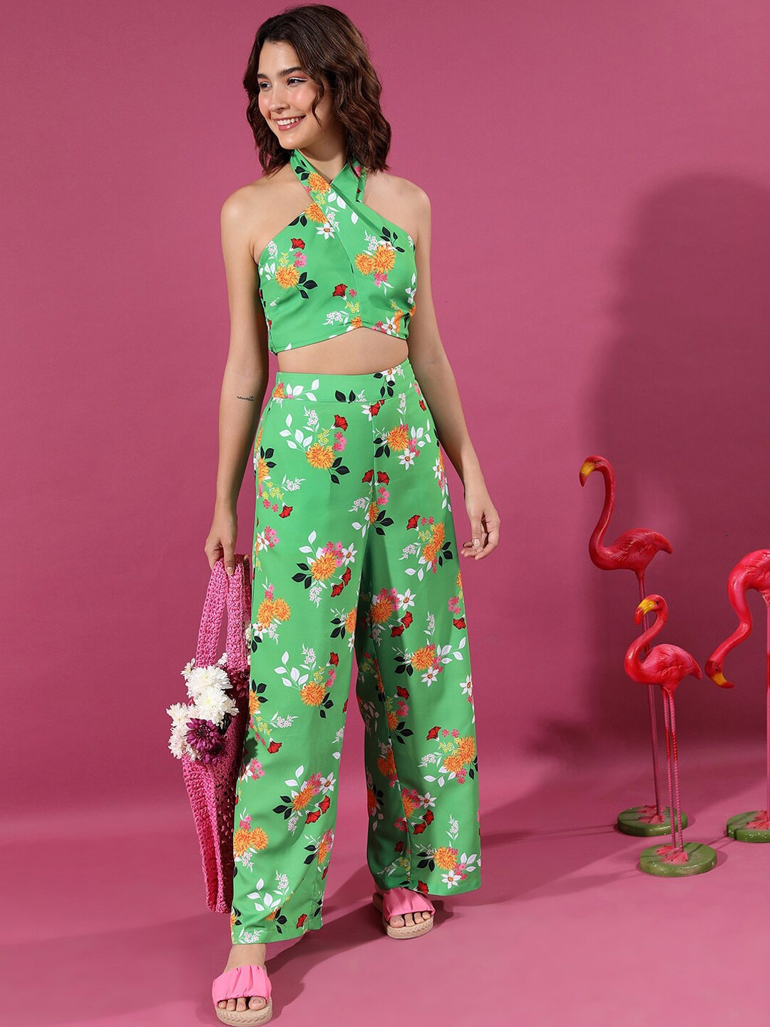 

Tokyo Talkies Floral Printed Halter Neck Top & Trousers, Green