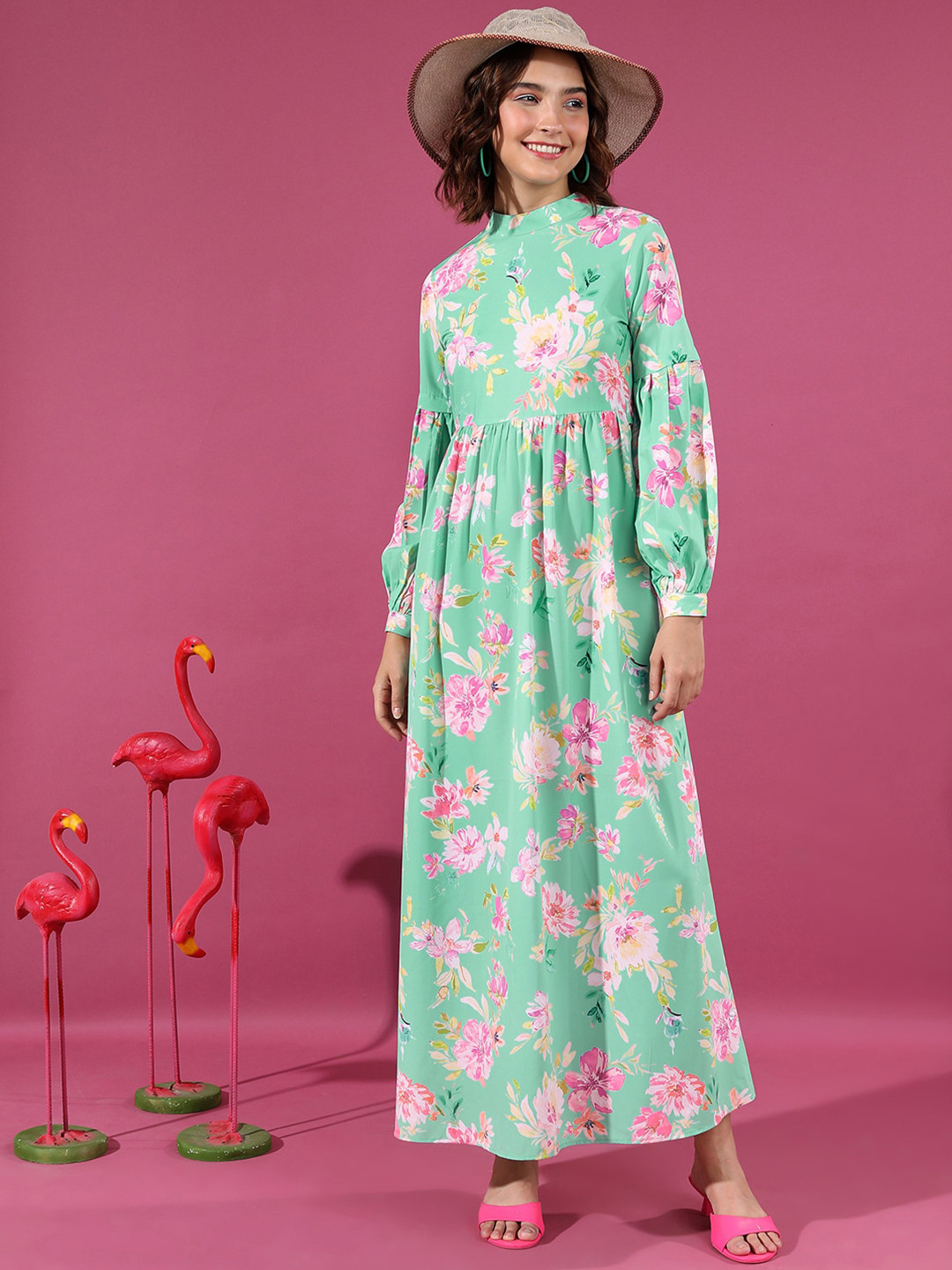 

Tokyo Talkies Green & Pink Floral Printed Maxi Dress