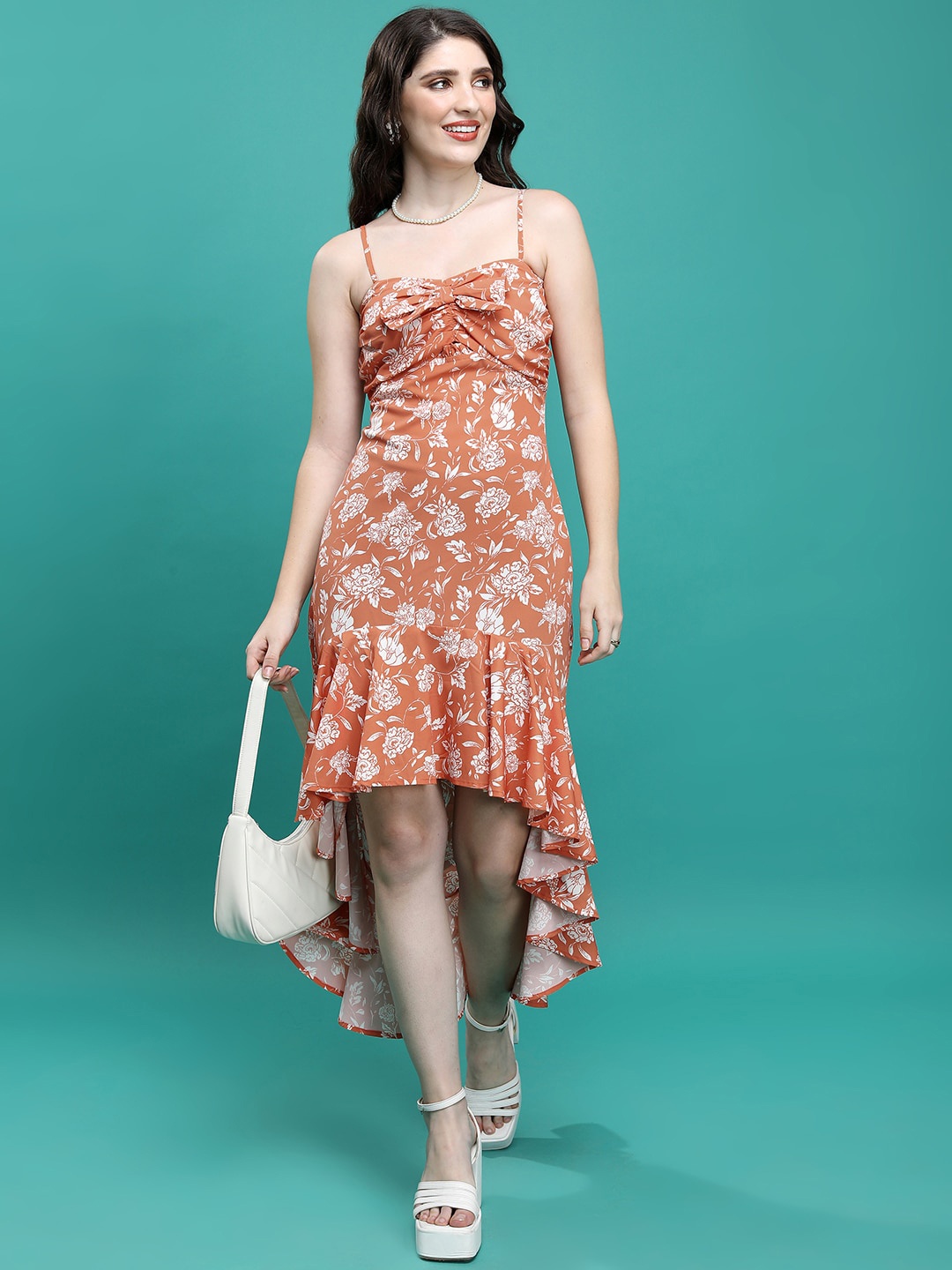 

Tokyo Talkies Rust & White Floral Printed A-Line Dress