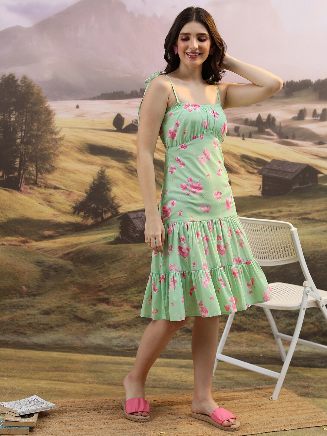 

Tokyo Talkies Floral Printed Gathered Or Pleated A Line Dress, Green