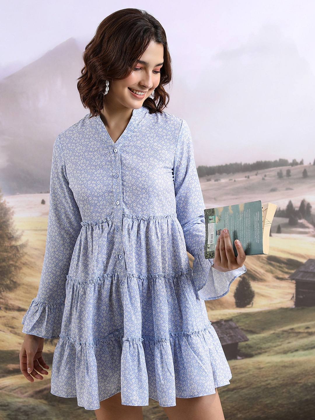 

Tokyo Talkies Floral Printed Bell Sleeves Fit & Flare Dress, Blue
