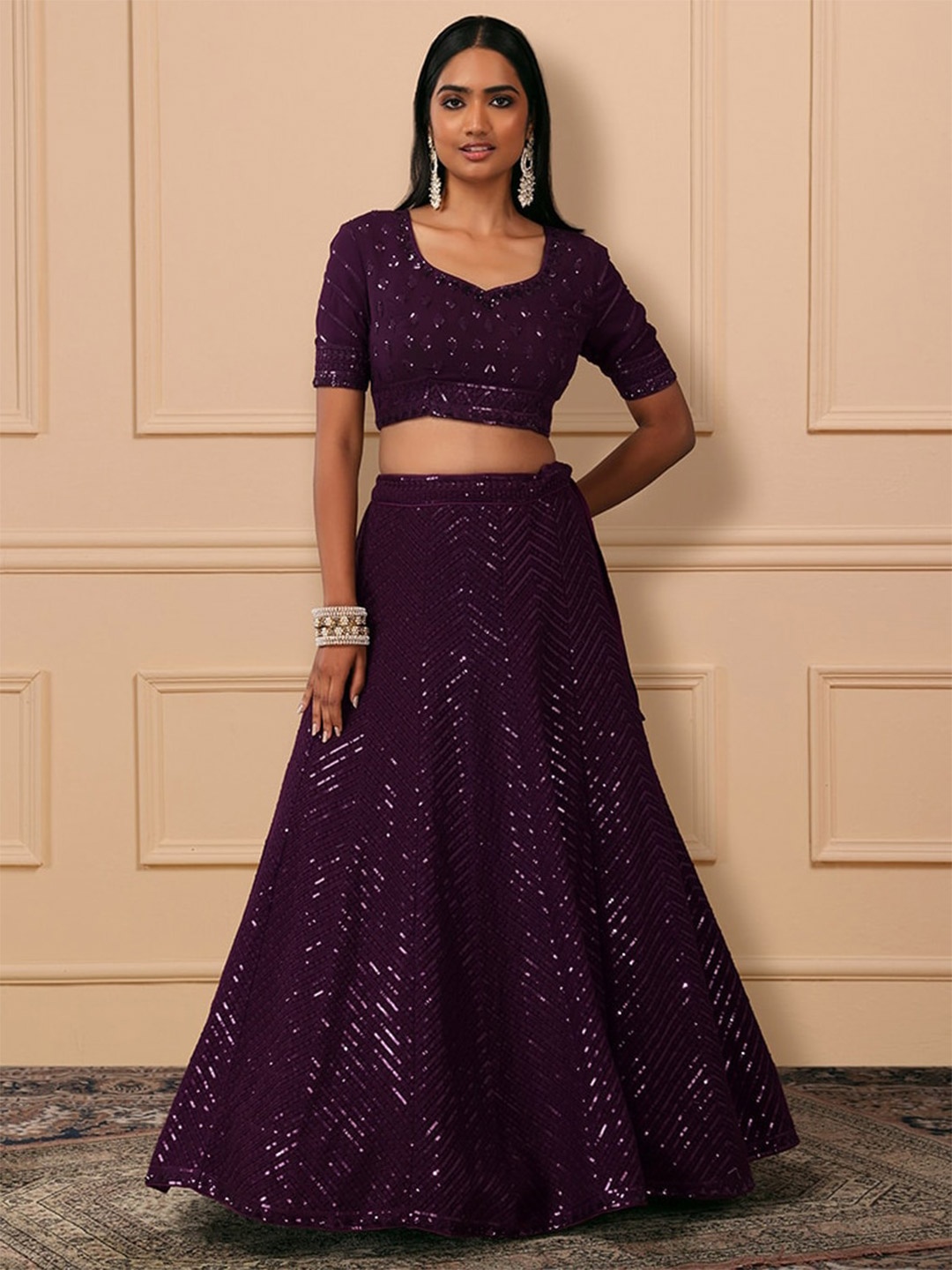 

FABPIXEL Embroidered Sequinned Semi-Stitched Georgette Lehenga Choli With Dupatta, Purple