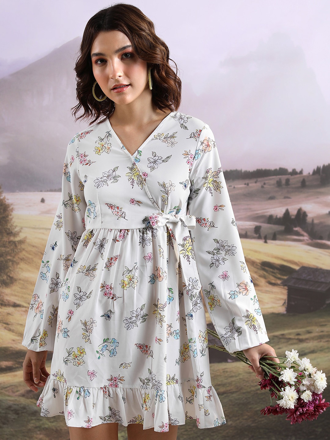 

KETCH Floral Printed Cuffed Sleeve Ruffled Wrap Dress, Off white