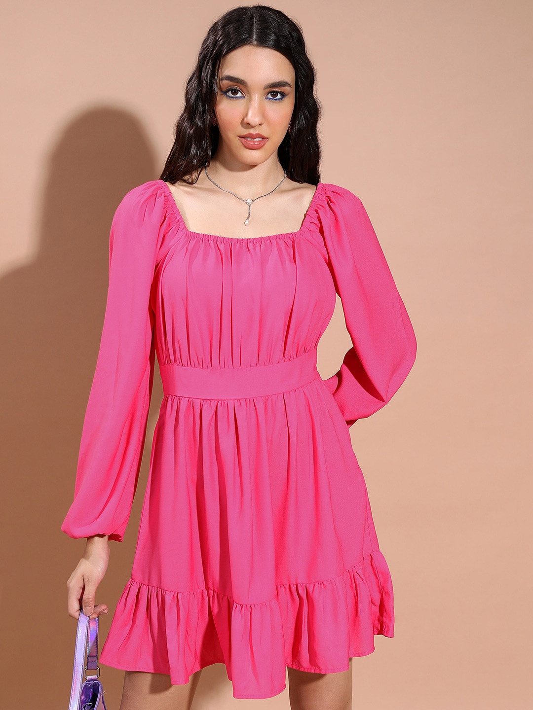 

KETCH Square Neck Puff Sleeves Fit & Flare Dress, Pink