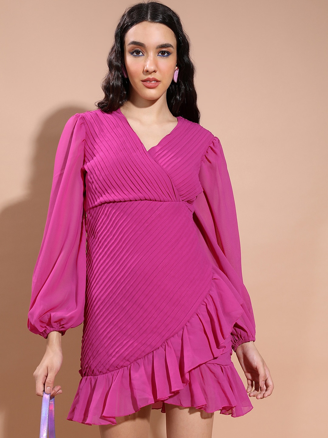 

KETCH V-Neck Puff Sleeves A-Line Dress, Pink