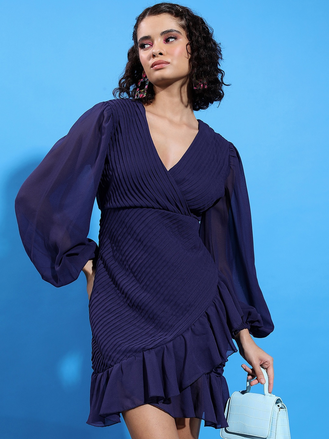 

KETCH Navy Blue V-Neck Long Puff Sleeve Ruched Fit & Flared Dress
