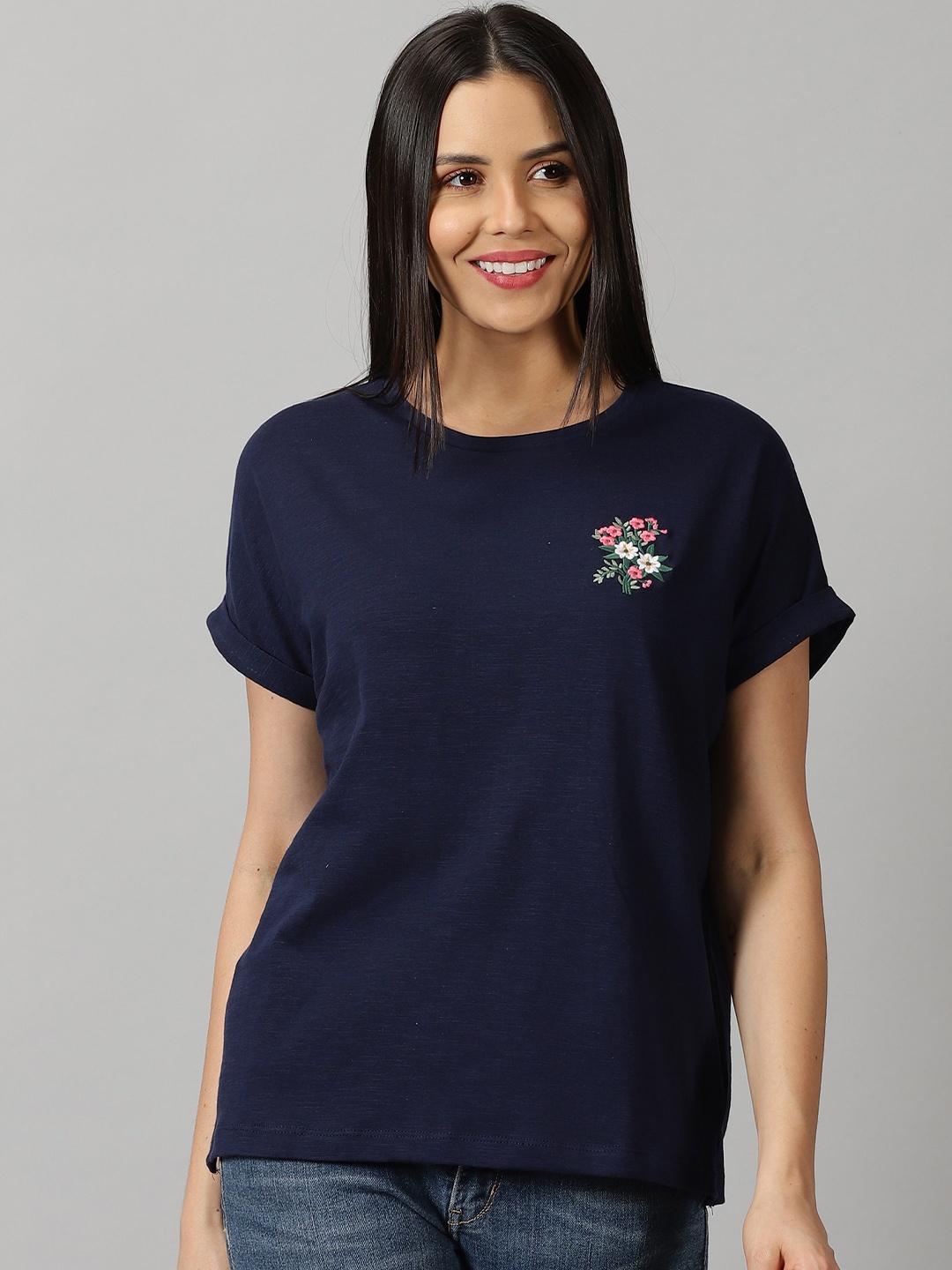 

PURPLE FLAUNT Extended Sleeves Embroidered Pure Cotton T-shirt, Navy blue