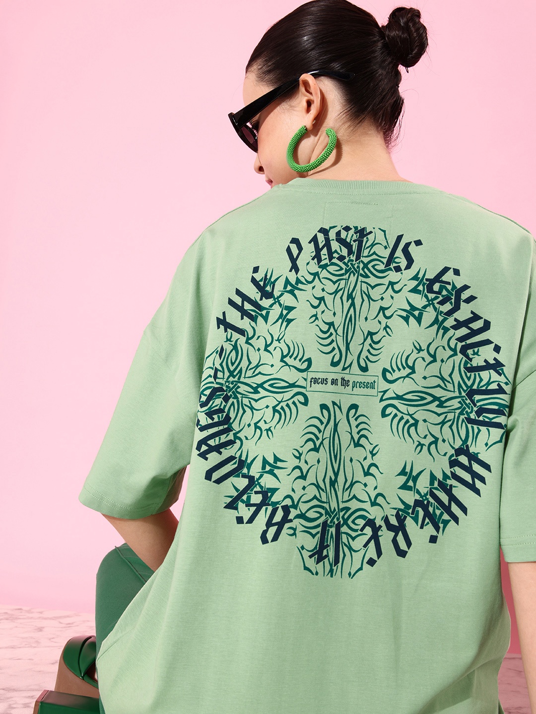 

Stormborn Women Printed Pure Cotton Oversized Drop-Shoulder T-shirt, Green