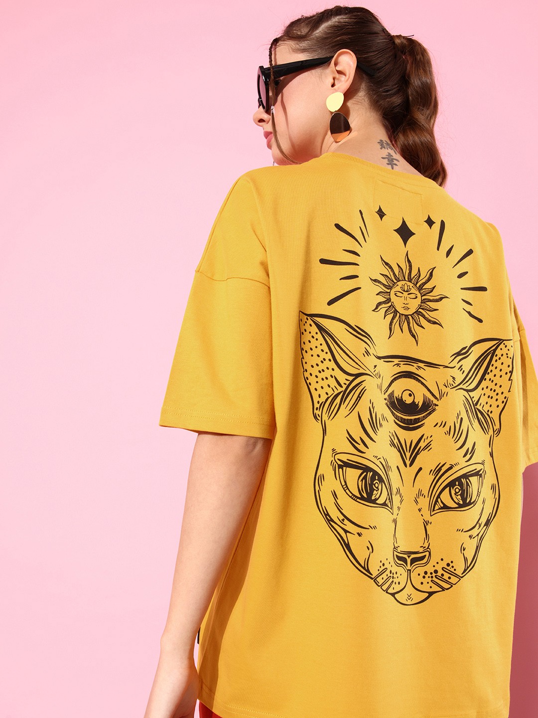 

Stormborn Women Printed Pure Cotton Oversized Drop-Shoulder T-shirt, Mustard