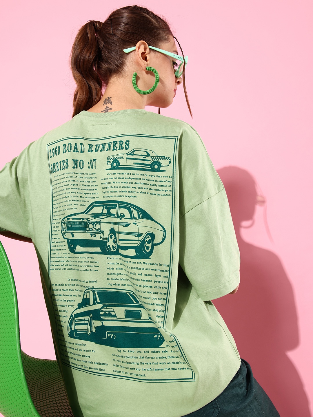 

Stormborn Women Printed Pure Cotton Oversized Drop-Shoulder T-shirt, Green