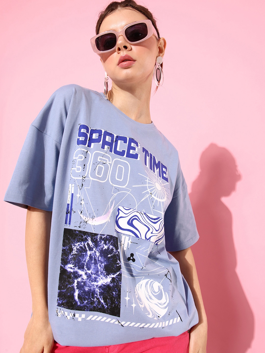 

Stormborn Women Printed Pure Cotton Oversized Drop-Shoulder T-shirt, Blue