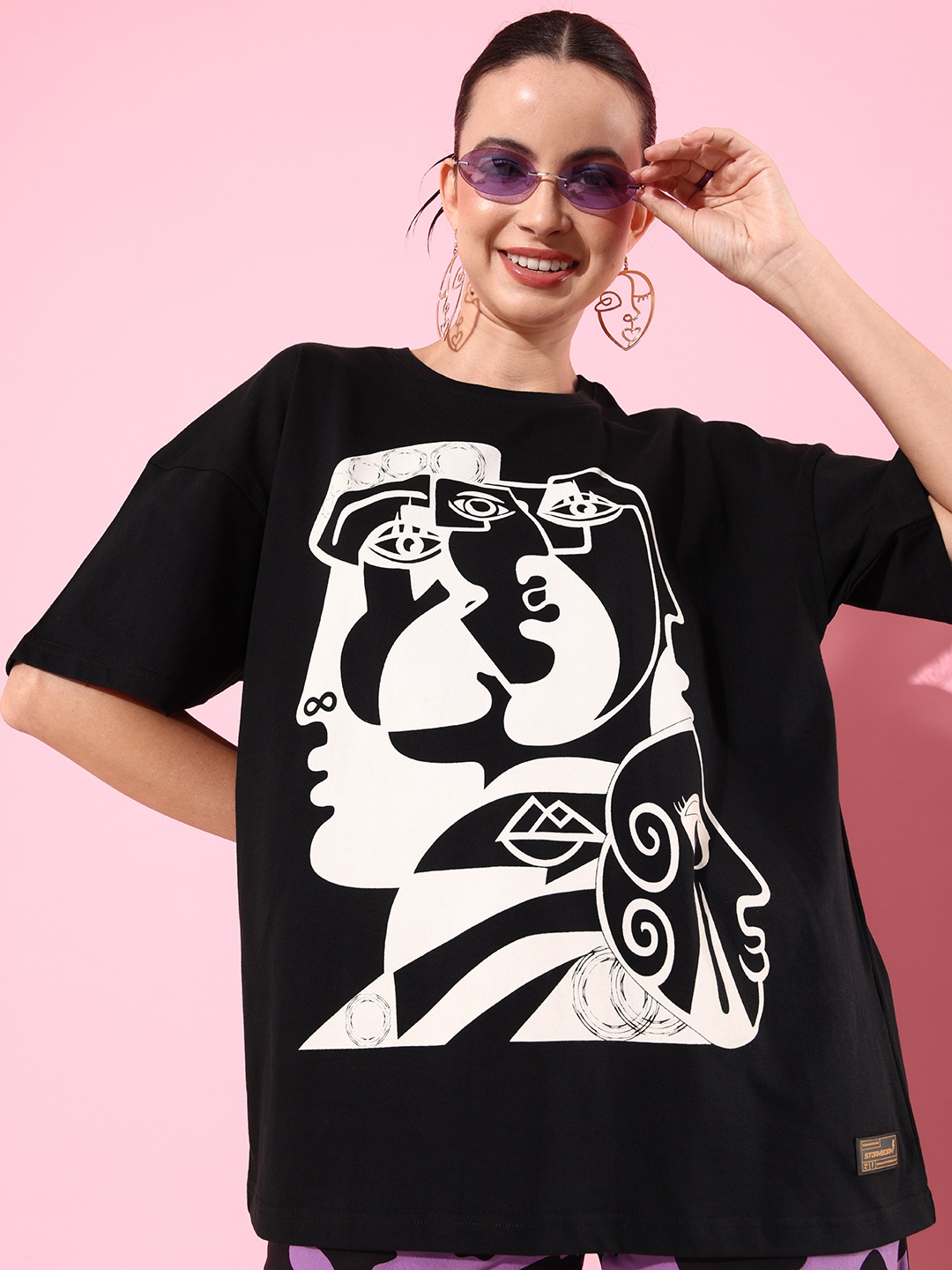 

Stormborn Women Printed Pure Cotton Oversized Drop-Shoulder T-shirt, Black