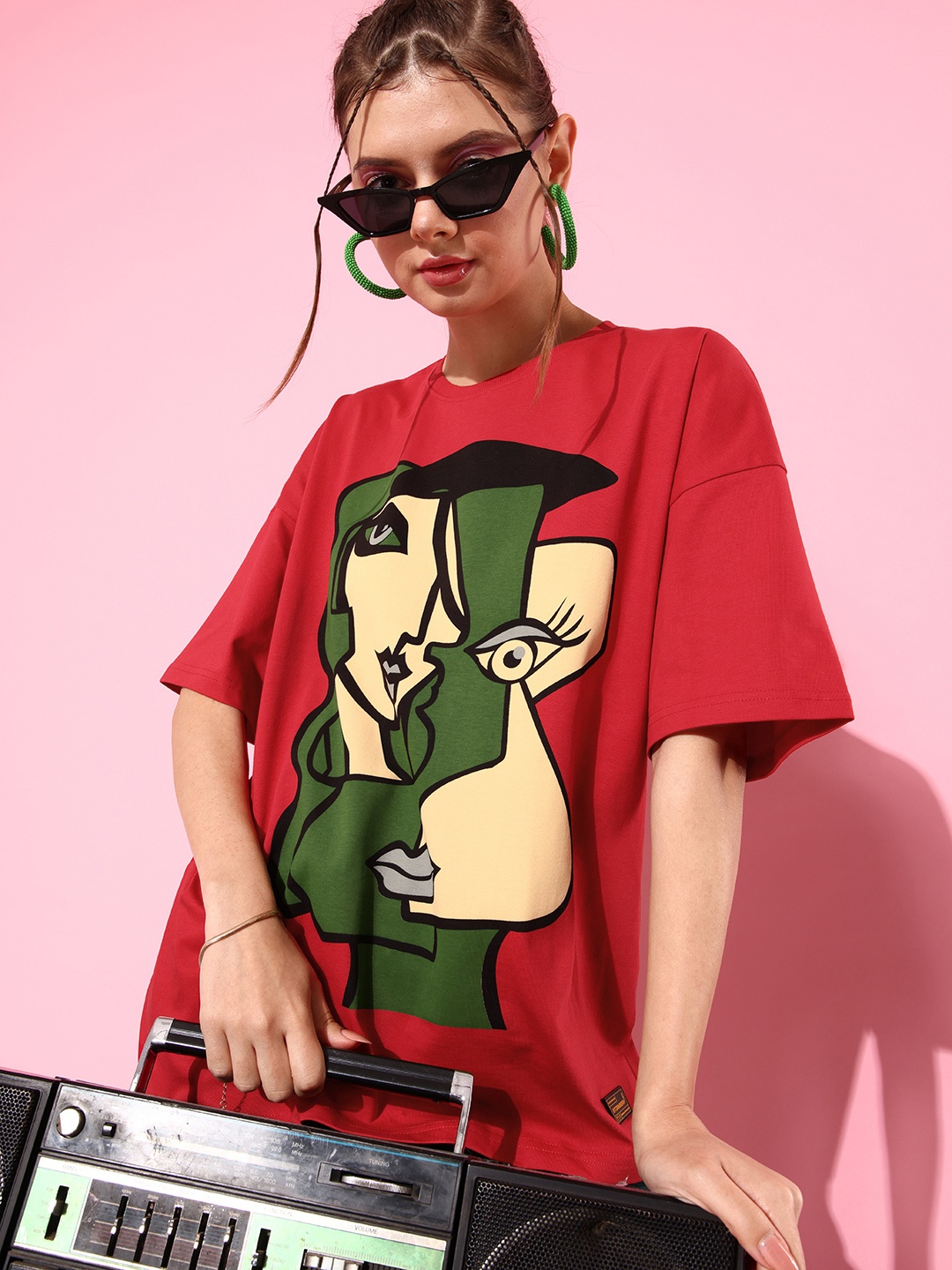 Stormborn Women Printed Pure Cotton Oversized Drop-Shoulder T-shirt, Red