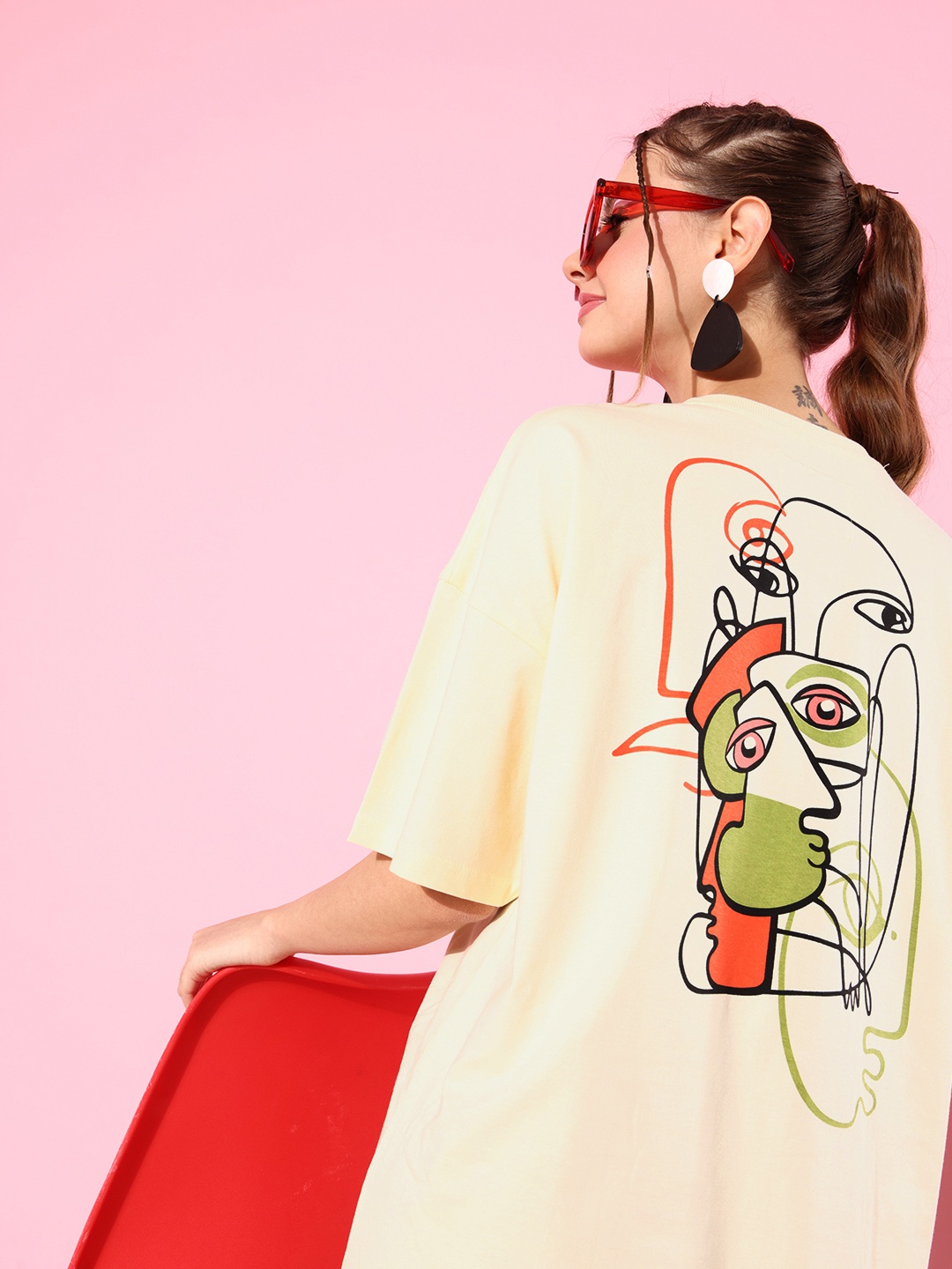 

Stormborn Women Printed Pure Cotton Oversized Drop-Shoulder T-shirt, Off white