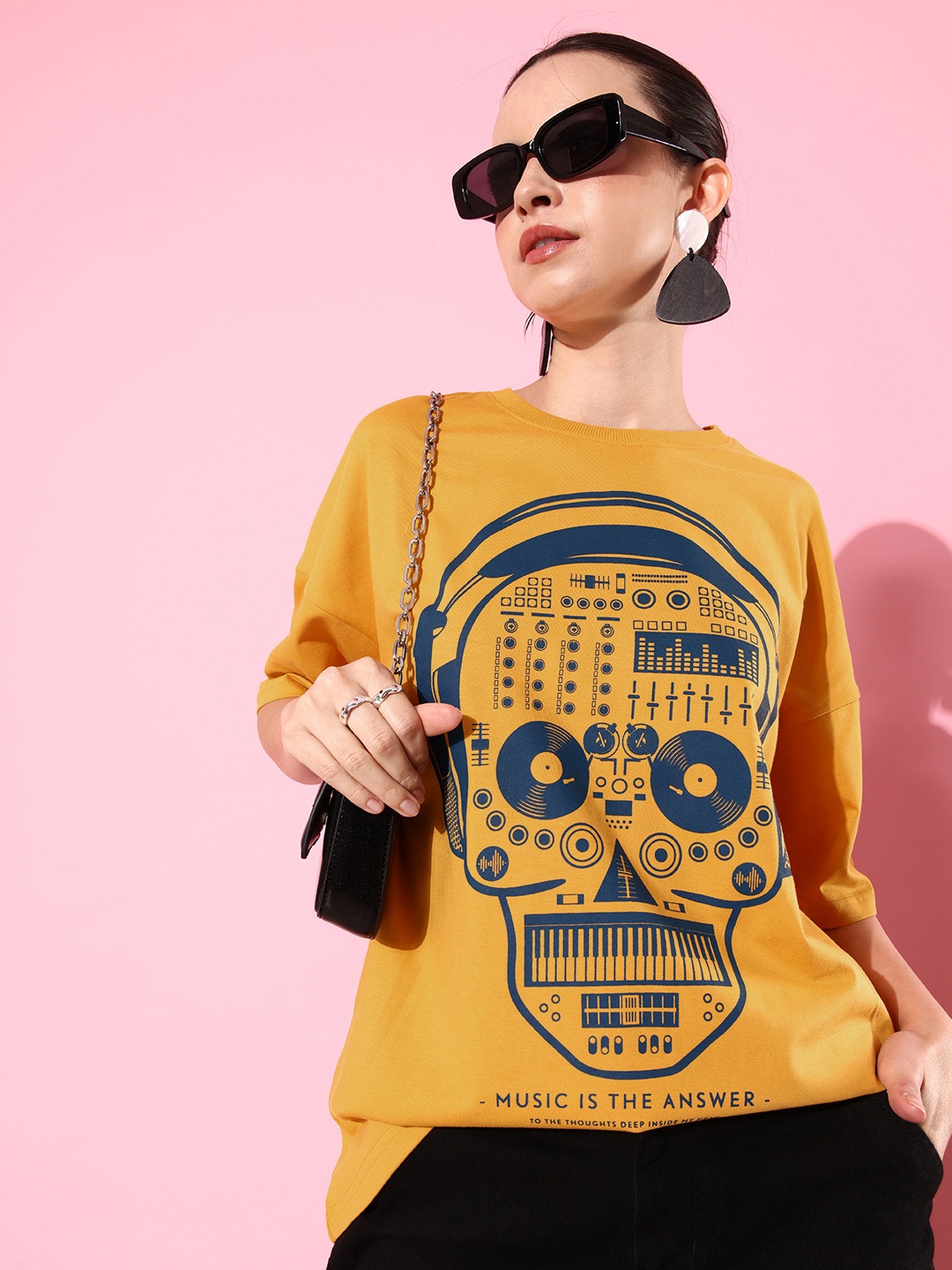 

Stormborn Graphic Printed Drop-Shoulder Sleeves Oversized Pure Cotton T-shirt, Mustard