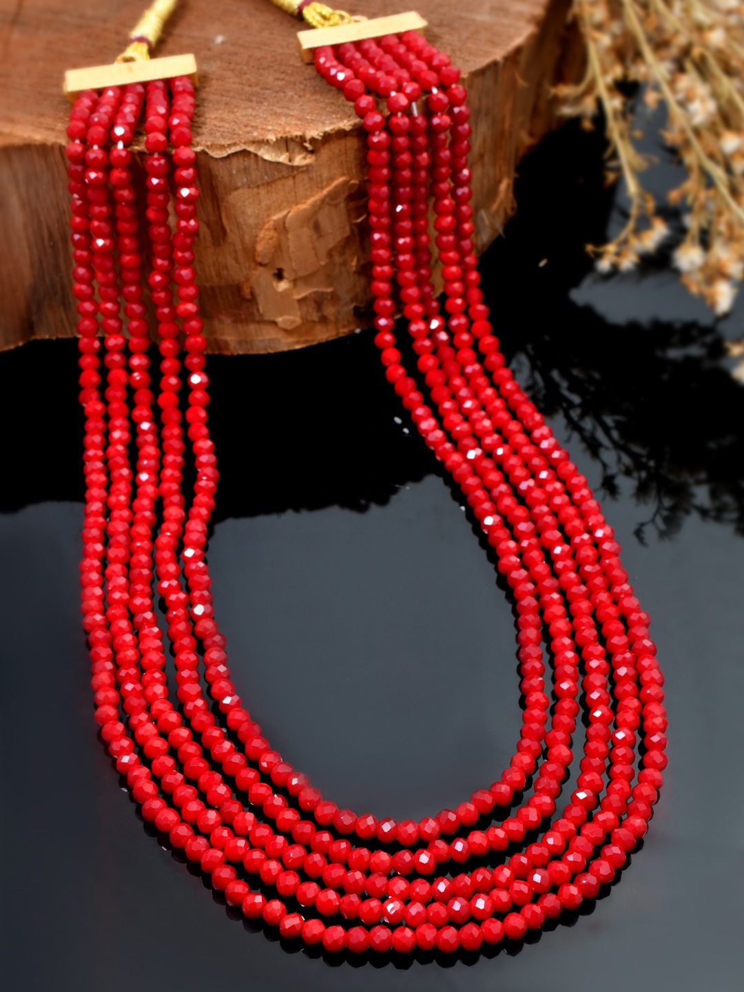 

Sanjog Women Gold-Toned & Red Brass Gold-Plated Crystal Beaded Stone 5 Layered Necklace