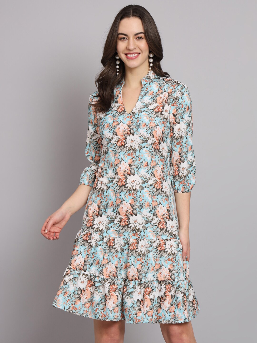 

VAARARO Floral Printed Mandarin Collar A-Line Dress, Blue