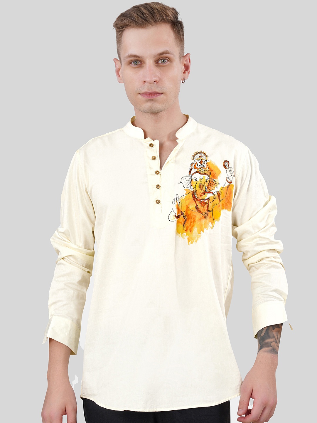 

FRENCH CROWN Standard Graphic Printed Mandarin Collar Cotton Casual Shirt, Cream