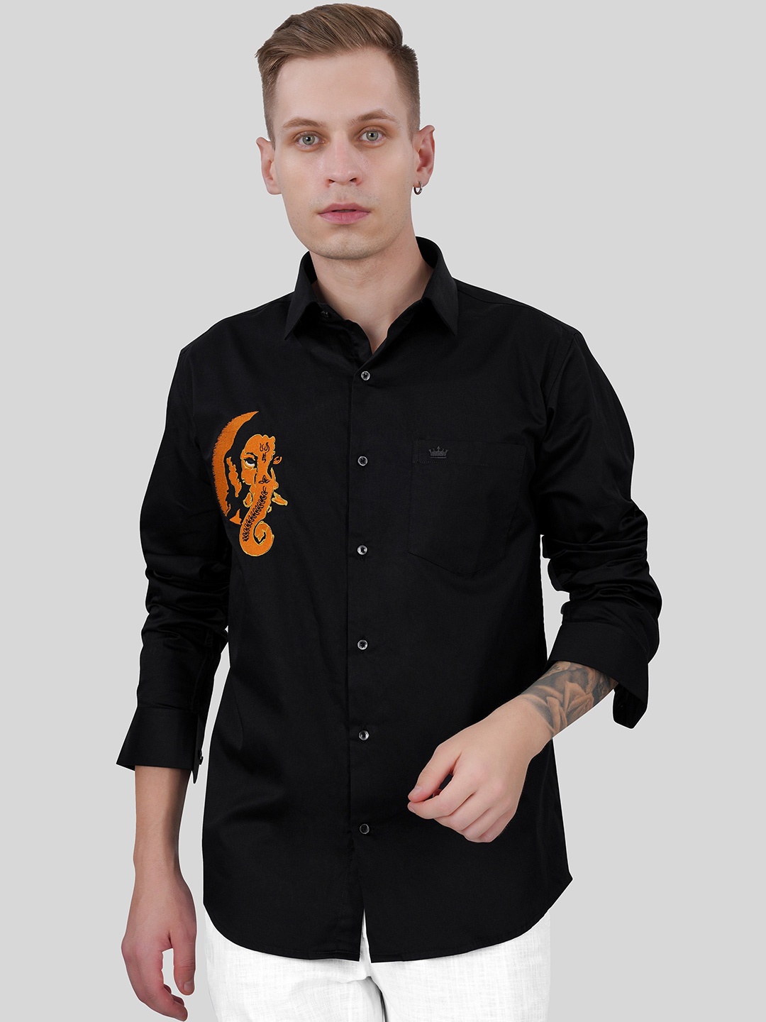 

FRENCH CROWN Ganesha Embroidered Standard Cotton Casual Shirt, Black