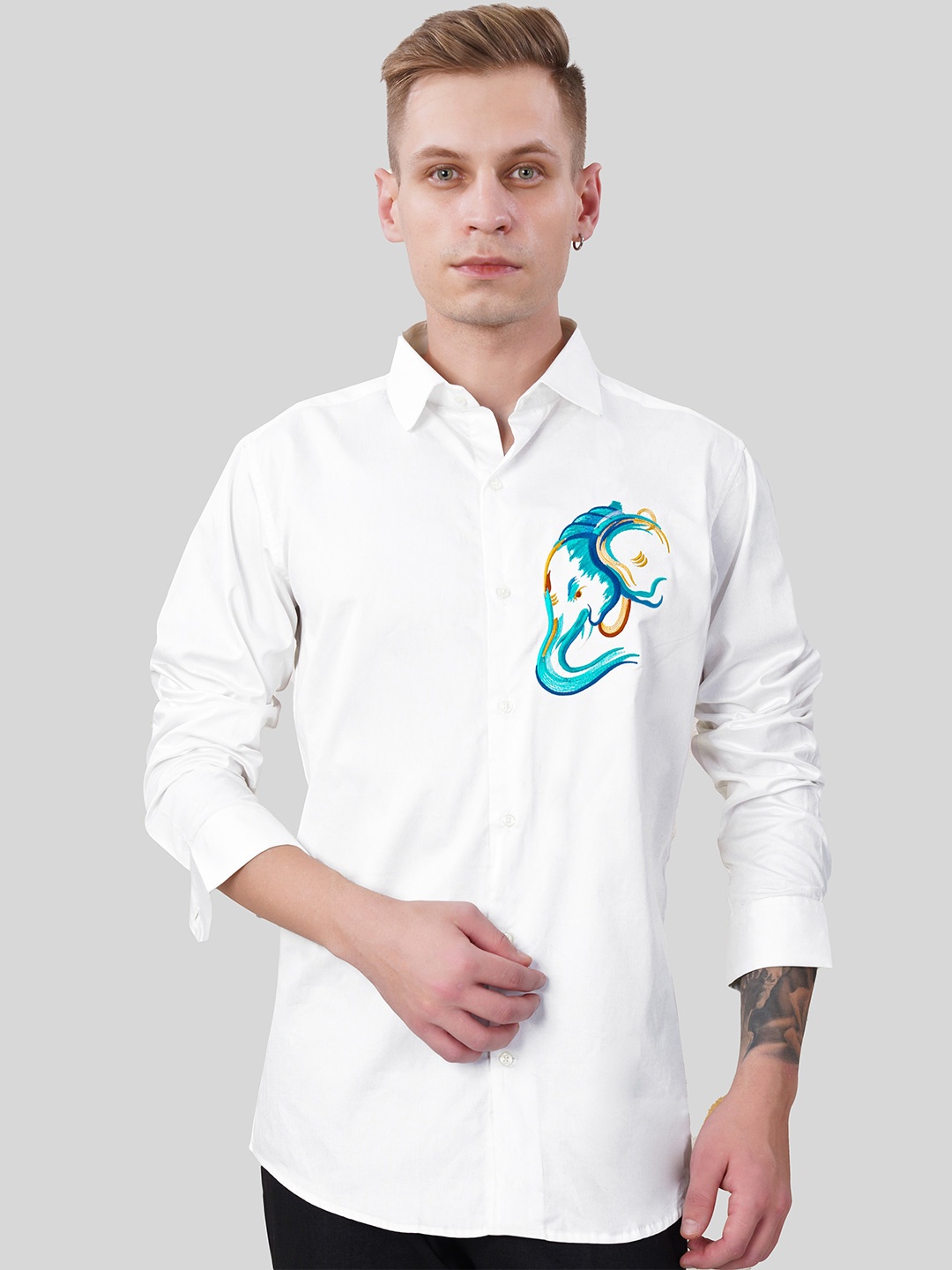 

FRENCH CROWN Standard Embroidered Cotton Casual Shirt, White