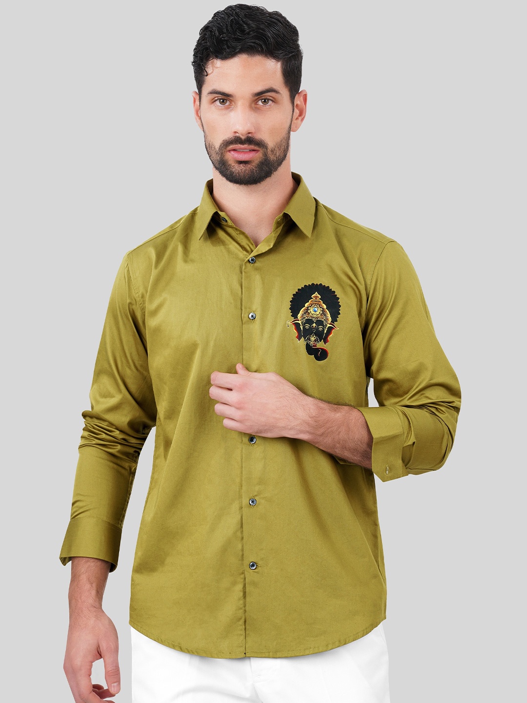

FRENCH CROWN Spread Collar Standard Graphic Printed Casual Cotton Shirt, Green