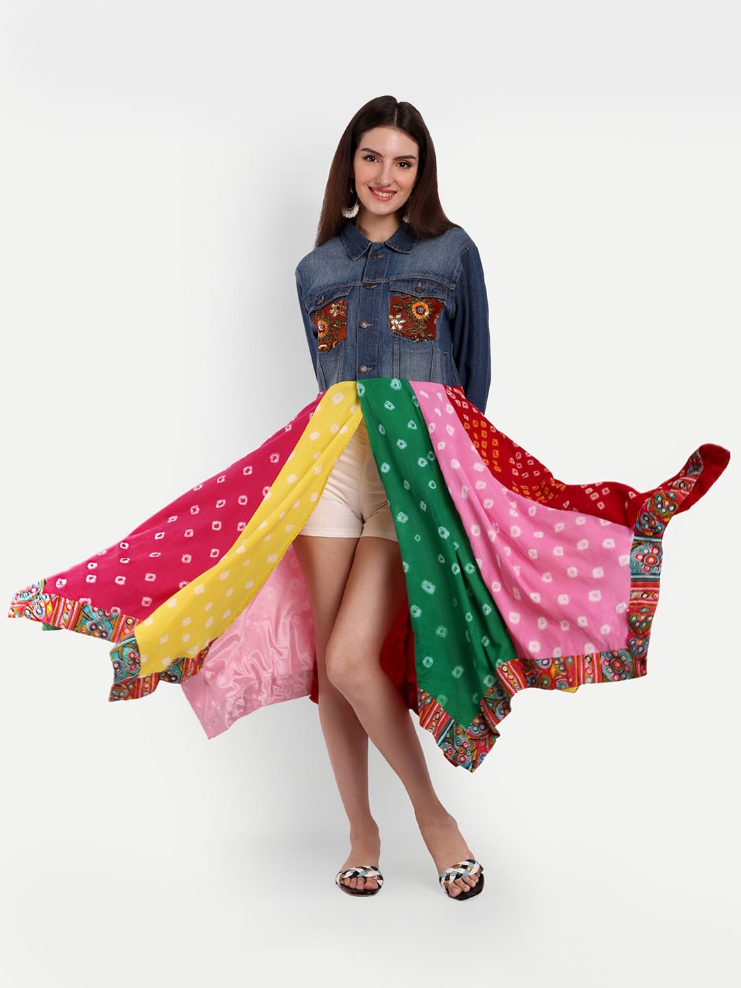 

The BANJARA TRAIL Bandhani Printed Longline Denim Jacket, Blue