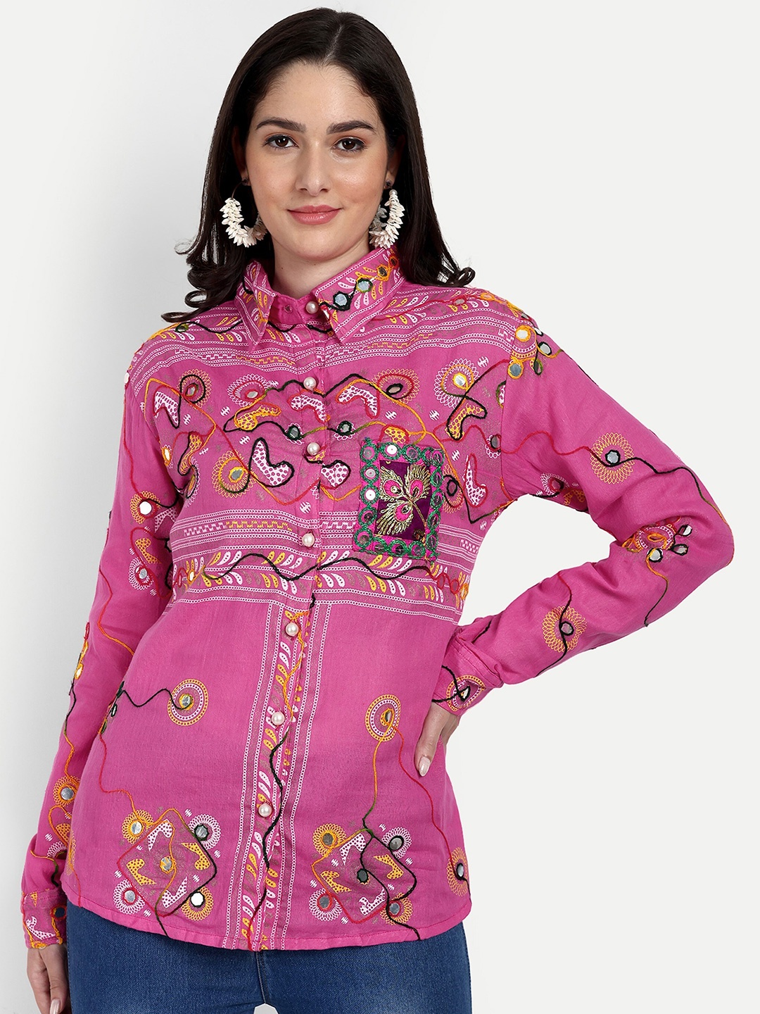 

The BANJARA TRAIL Embroidered Classic Cotton Casual Shirt, Pink