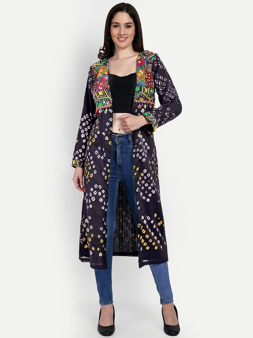 

The BANJARA TRAIL Bandhani Printed Longline Cotton Open Front Ethnic Shrug, Black