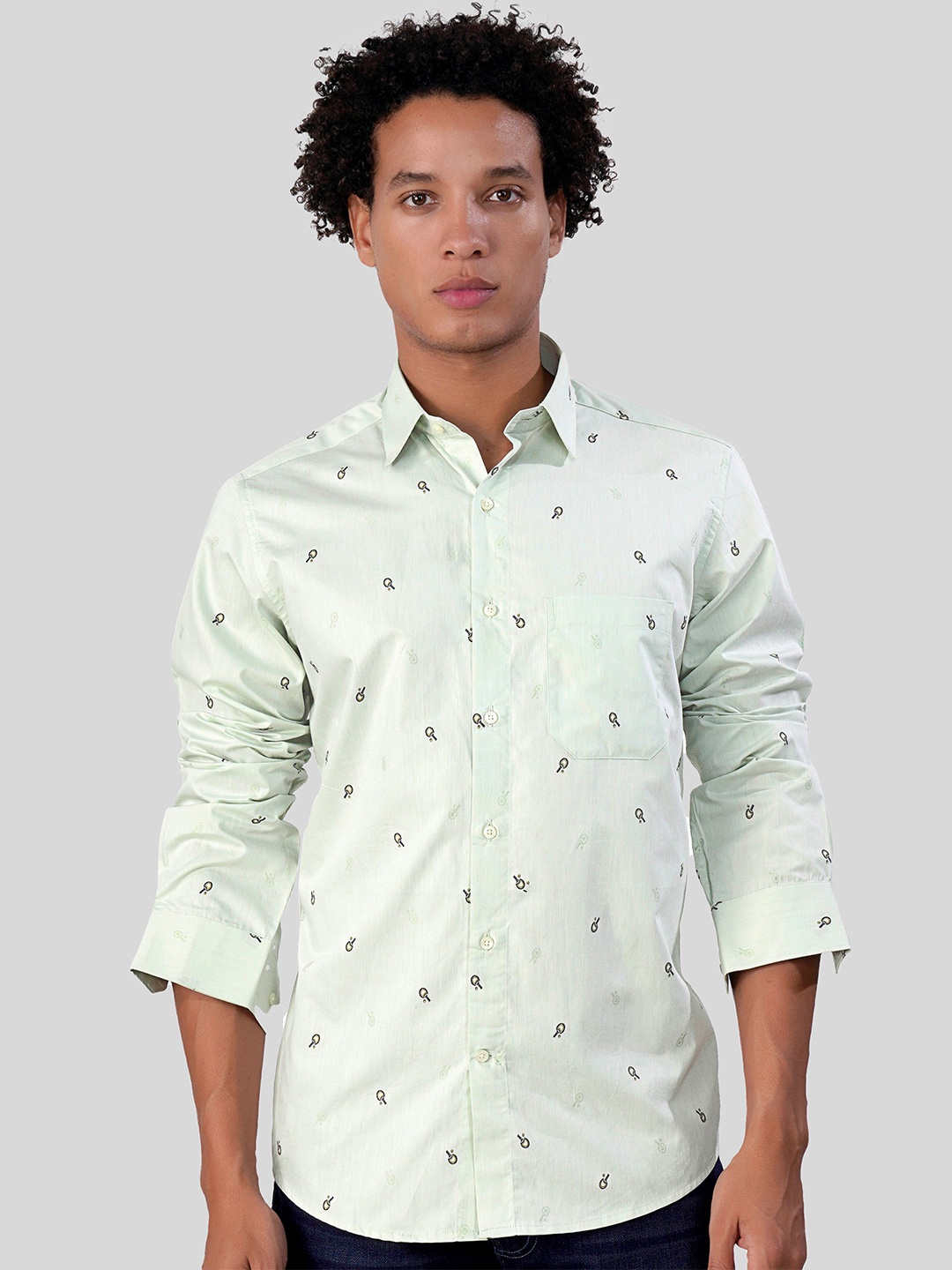 

FRENCH CROWN Spread Collar Standard Micro Printed Casual Cotton Shirt, Green