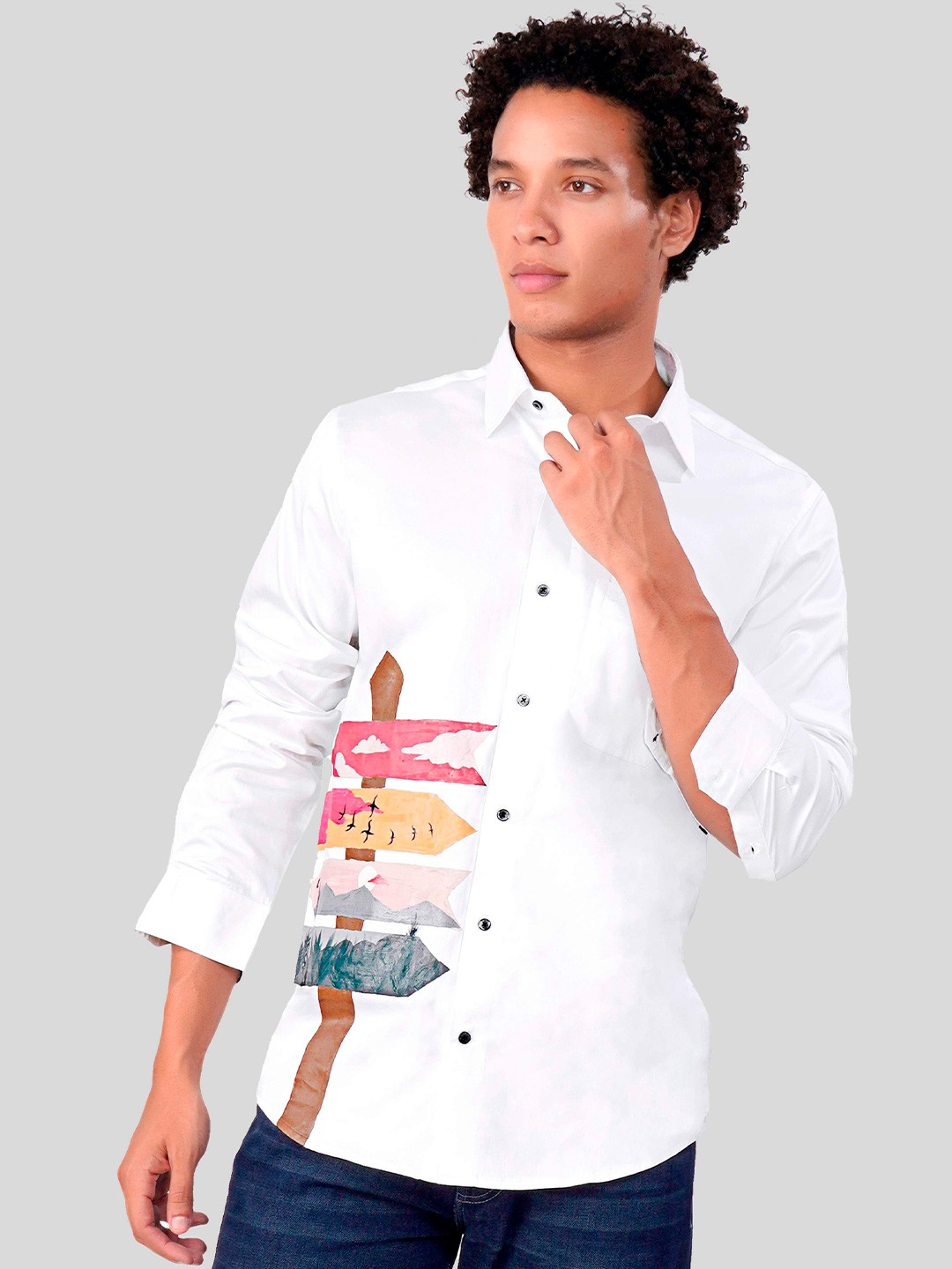 

FRENCH CROWN Spread Collar Graphic Printed Standard Casual Pure Cotton Shirt, White