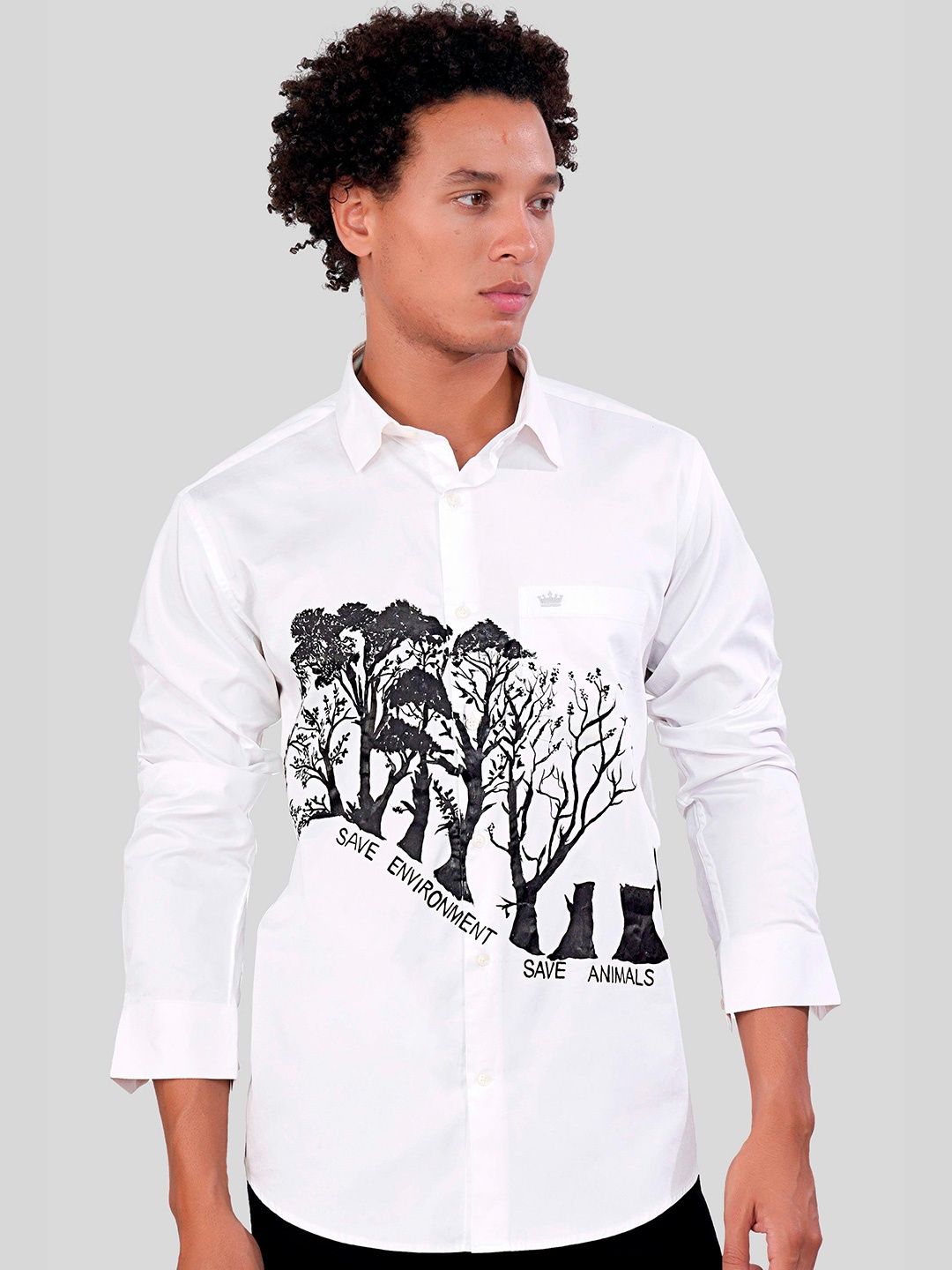 

FRENCH CROWN Standard Graphic Printed Cotton Casual Shirt, White