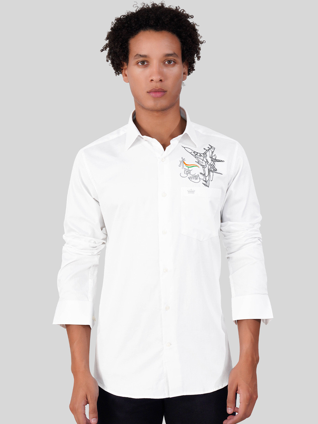 

FRENCH CROWN Standard Regular Fit Typography Embroidered Pure Cotton Casual Shirt, White
