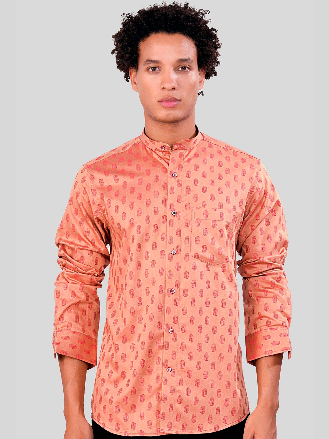 

FRENCH CROWN Standard Regular Fit Geometric Printed Band Collar Cotton Casual Shirt, Orange