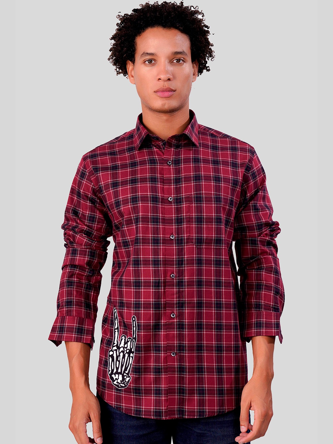 

FRENCH CROWN Standard Regular Fit Checked Spread Collar Pure Cotton Casual Shirt, Red