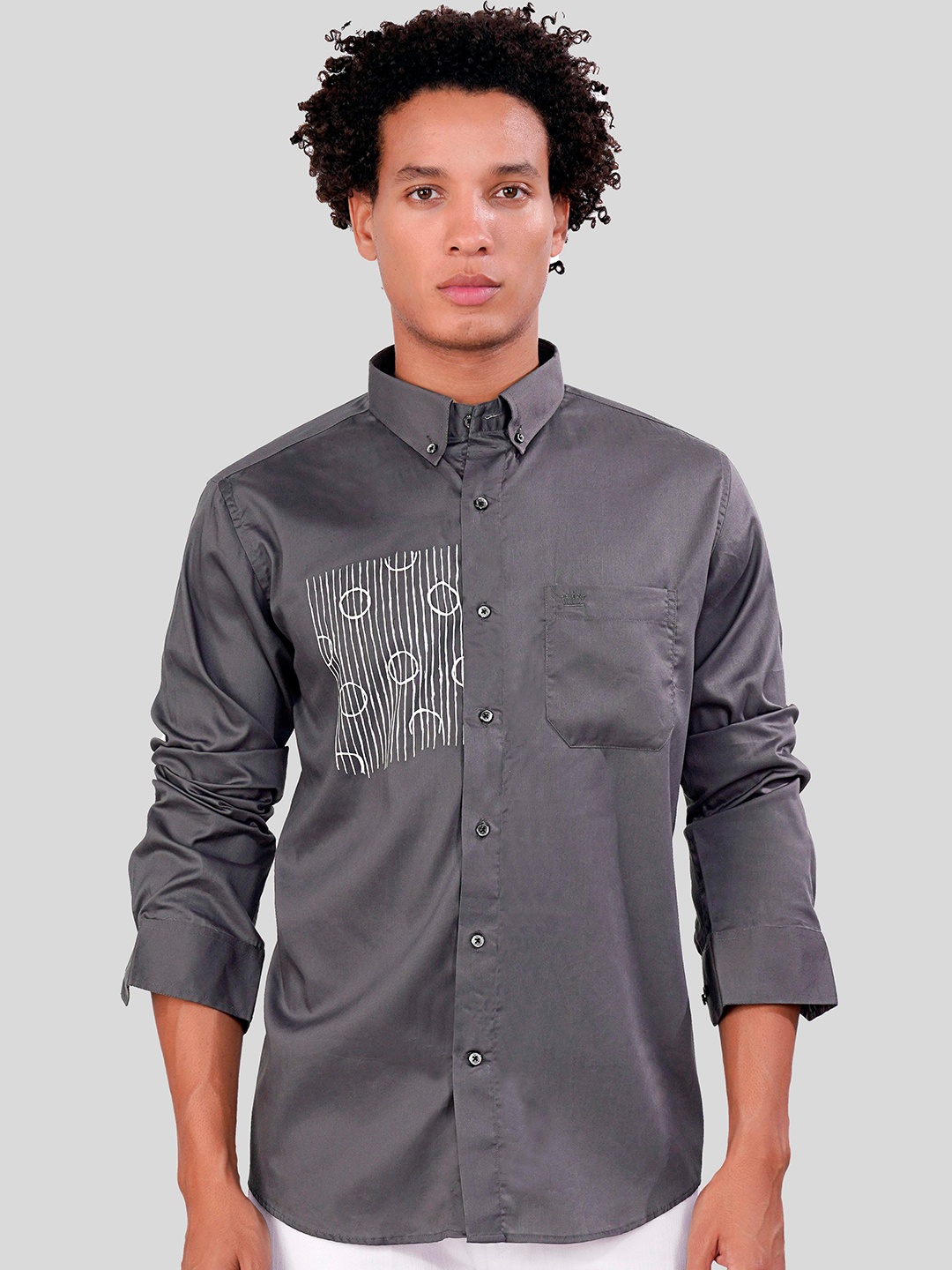 

FRENCH CROWN Standard Regular Fit Geometric Printed Pure Cotton Casual Shirt, Grey
