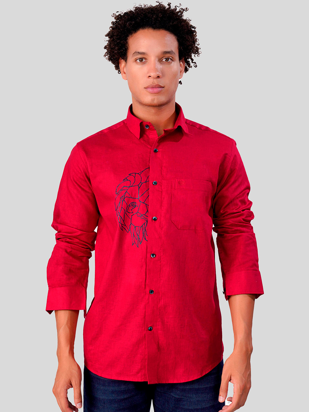 

FRENCH CROWN Standard Spread Collar Linen Casual Shirt, Red