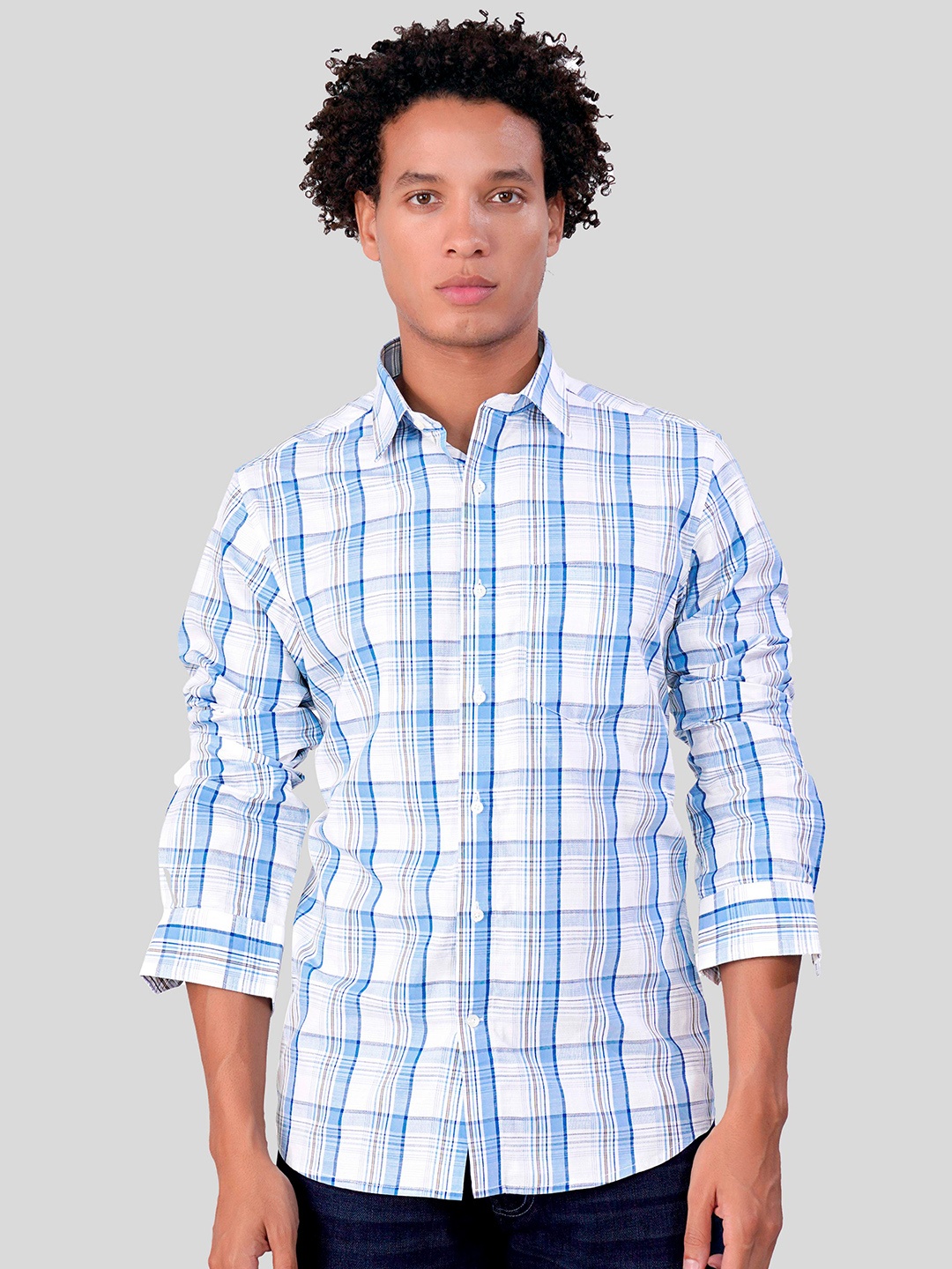 

FRENCH CROWN Standard Tartan Checked Cotton Casual Shirt, Blue