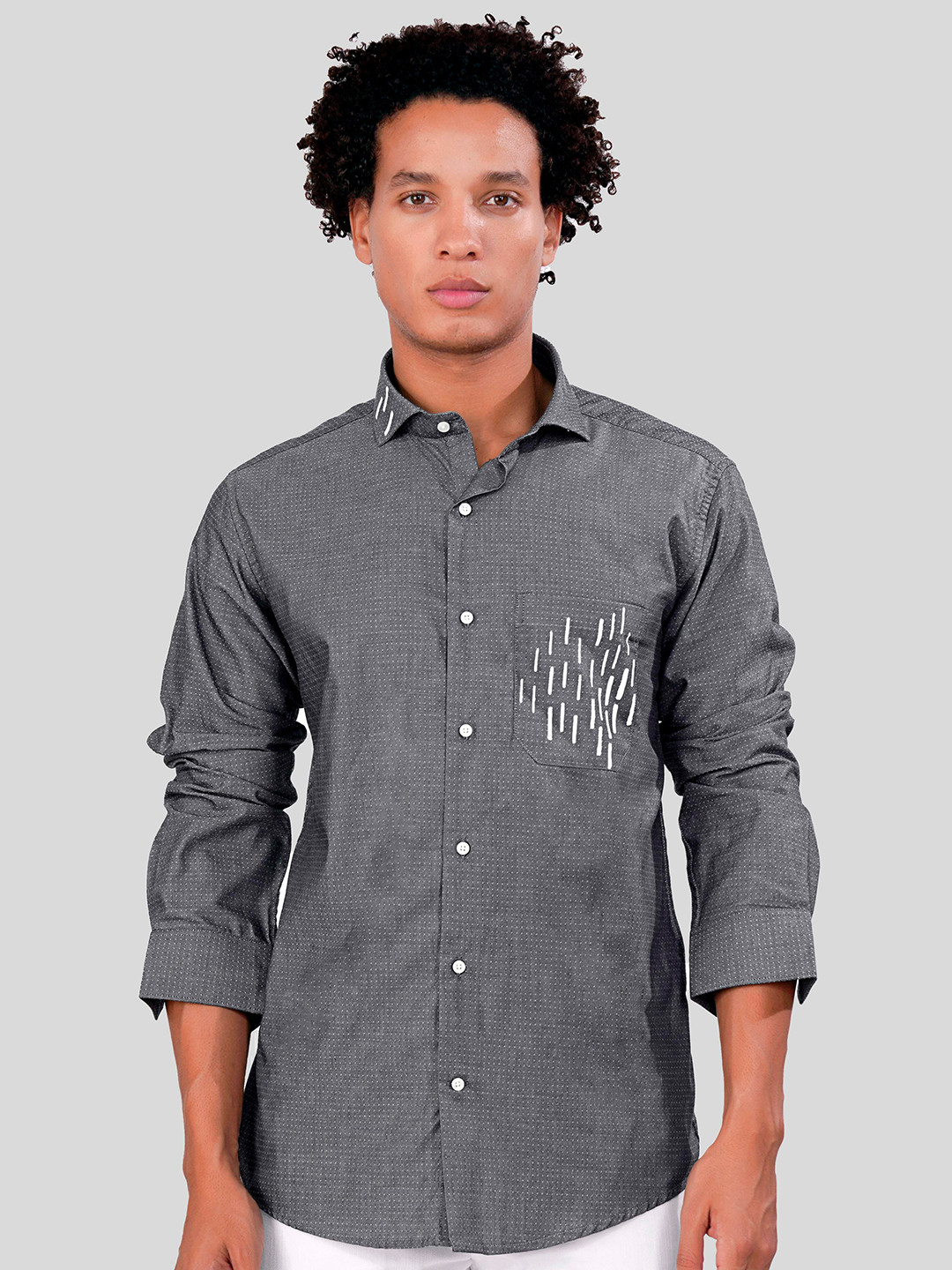 

FRENCH CROWN Grey Spread Collar Twill Weave Cotton Casual Shirt