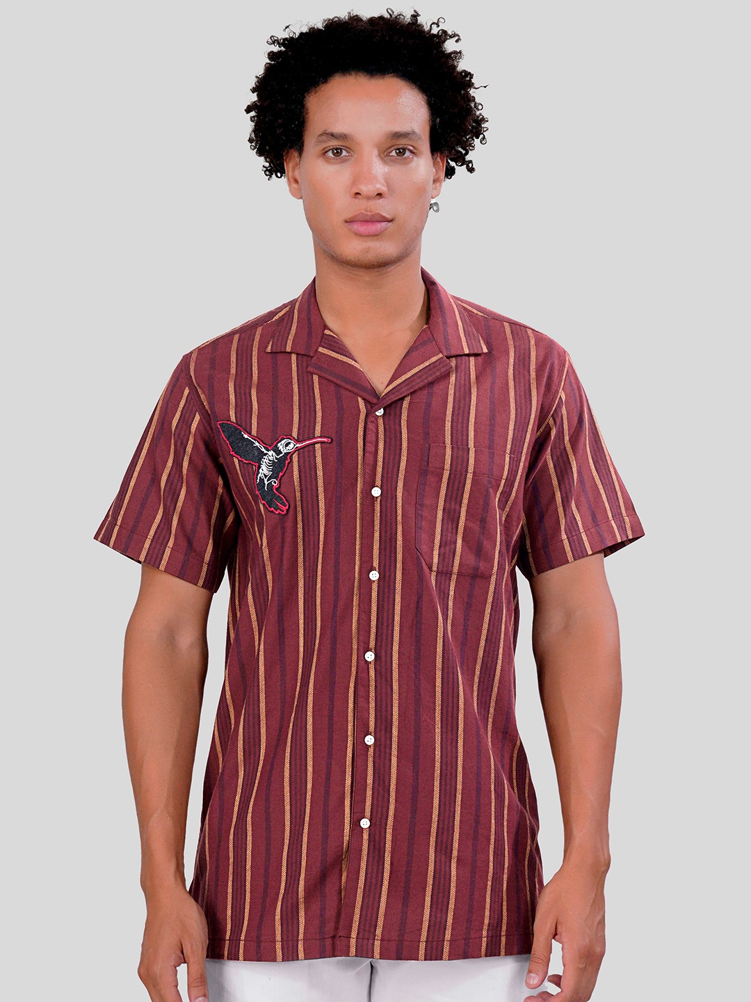 

FRENCH CROWN Standard Opaque Striped Casual Pure Cotton Shirt, Brown
