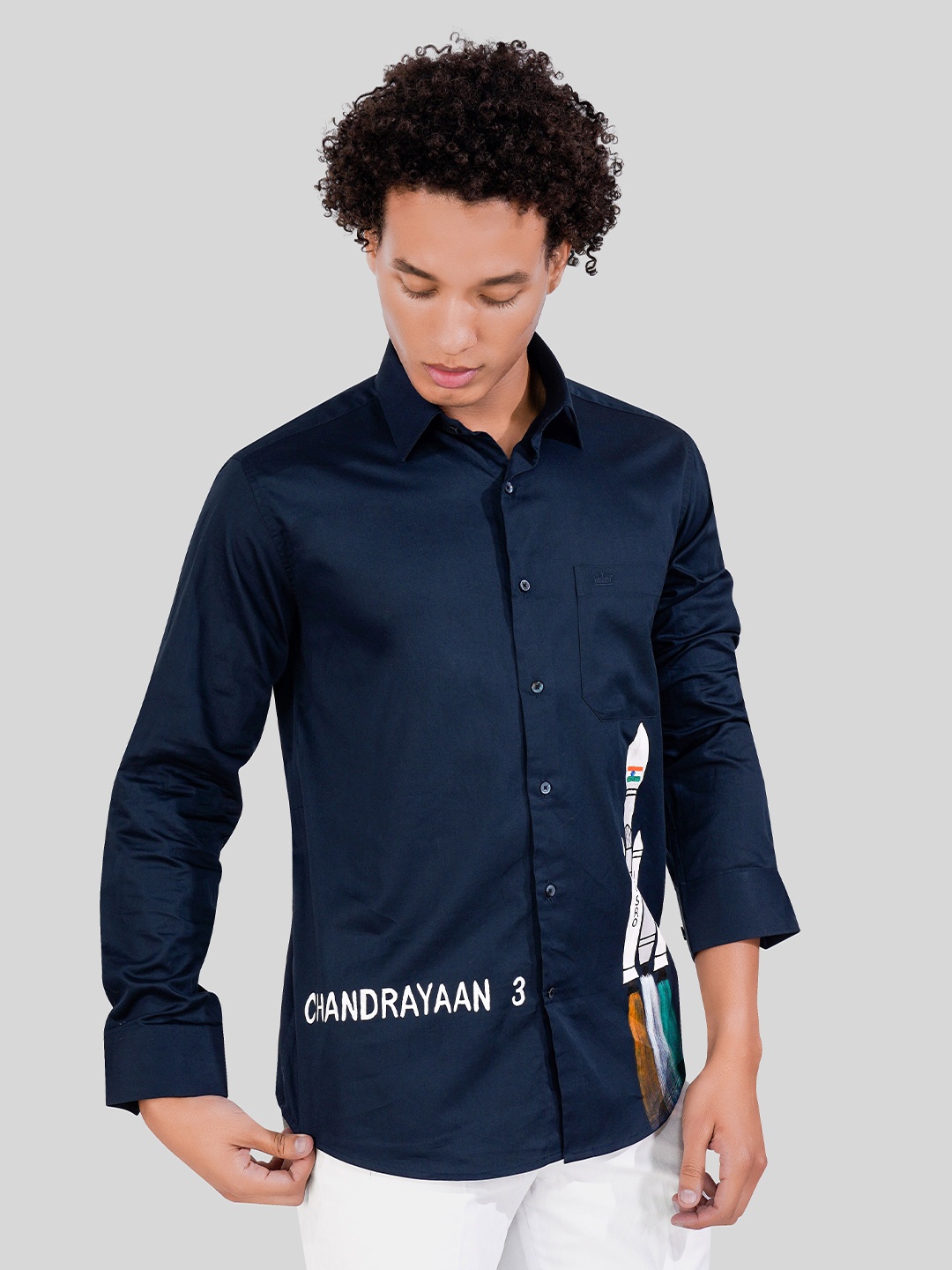 

FRENCH CROWN Chandrayaan 3 Hand-Painted Standard Opaque Cotton Casual Shirt, Blue