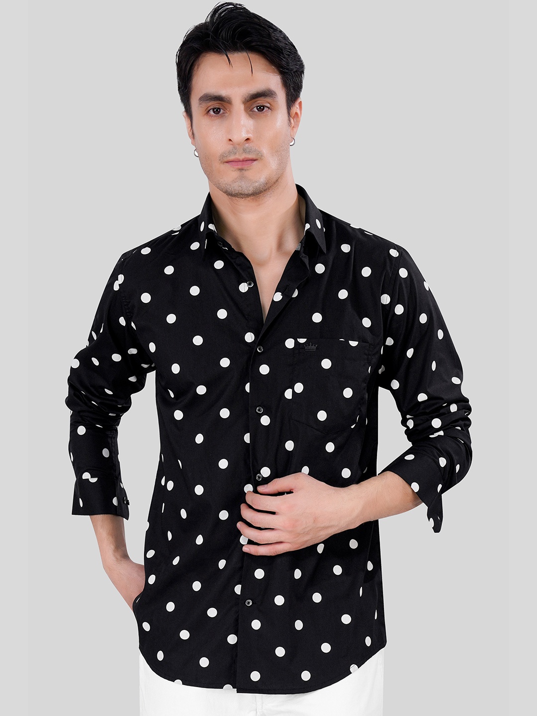 

FRENCH CROWN Standard Polka Dot Printed Cotton Casual Shirt, Black