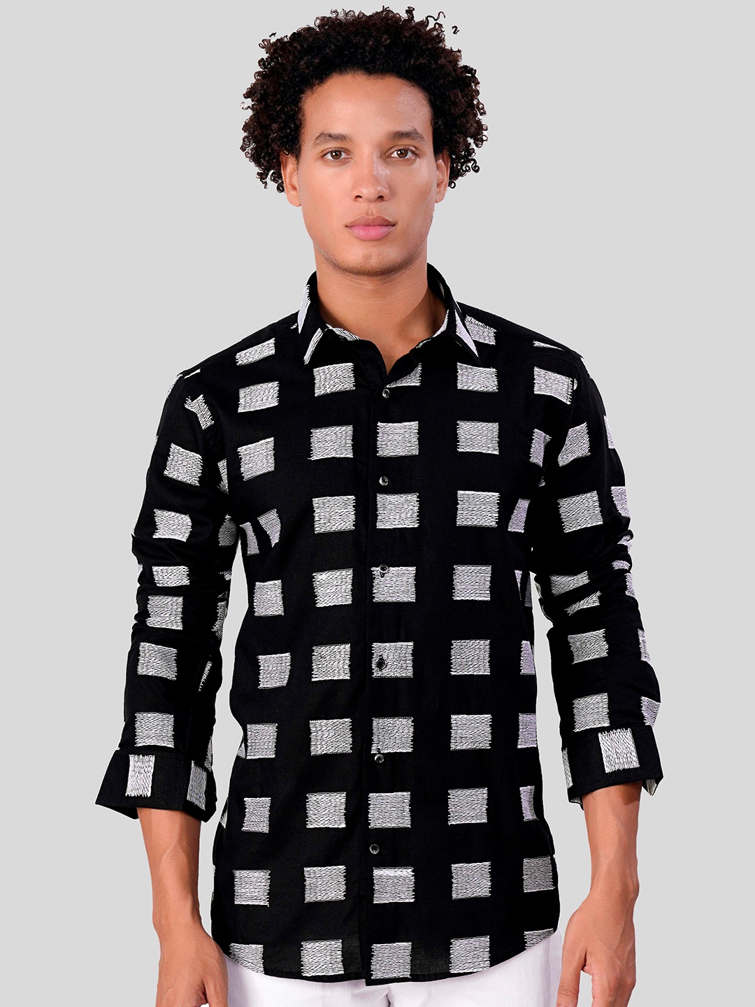 

FRENCH CROWN Standard Self Designed Linen Casual Shirt, Black