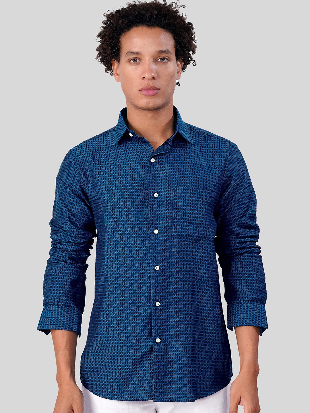 

FRENCH CROWN Standard Self Designed Cotton Casual Shirt, Blue
