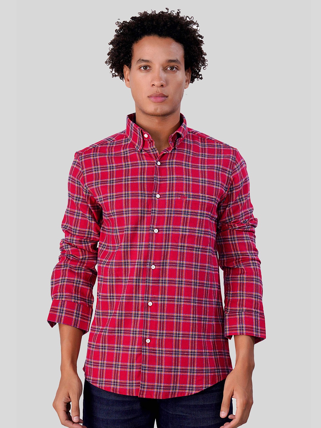 

FRENCH CROWN Standard Checked Spread Collar Cotton Casual Shirt, Red