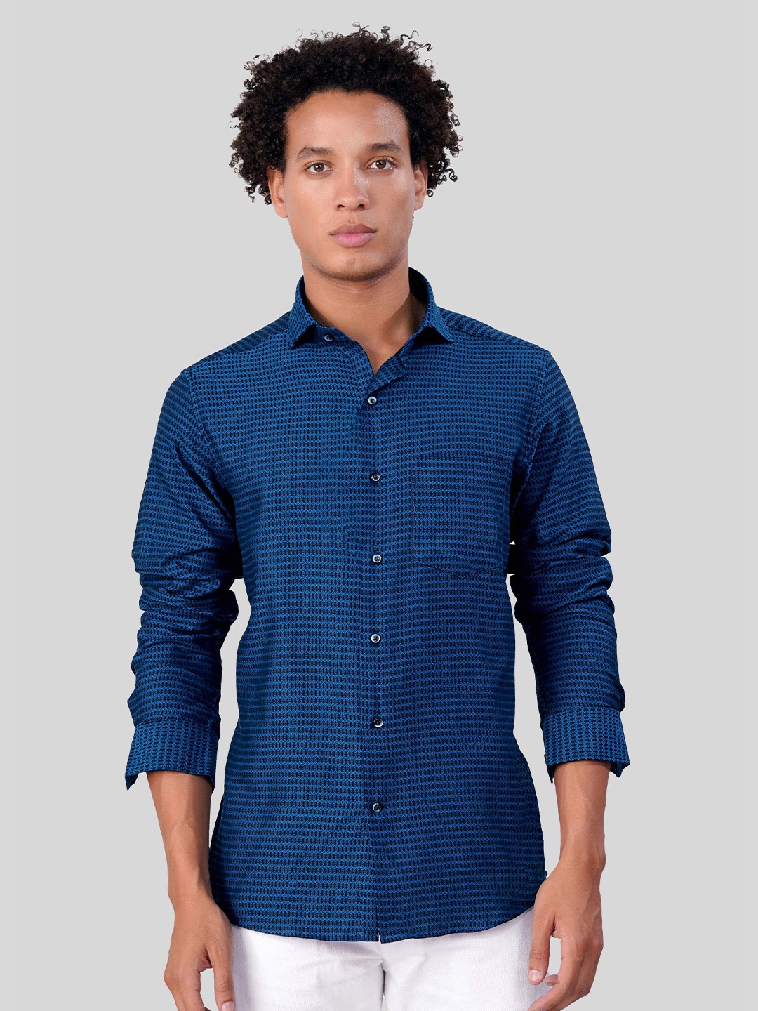 

FRENCH CROWN Spread Collar Standard Striped Casual Pure Cotton Shirt, Blue