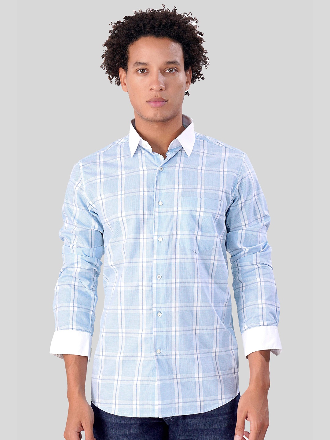 

FRENCH CROWN Standard Windowpane Checked Cotton Casual Shirt, Blue