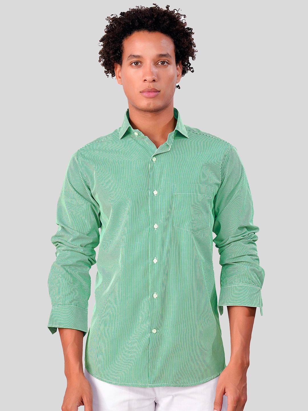 

FRENCH CROWN Standard Bengal Striped Cotton Casual Shirt, Green