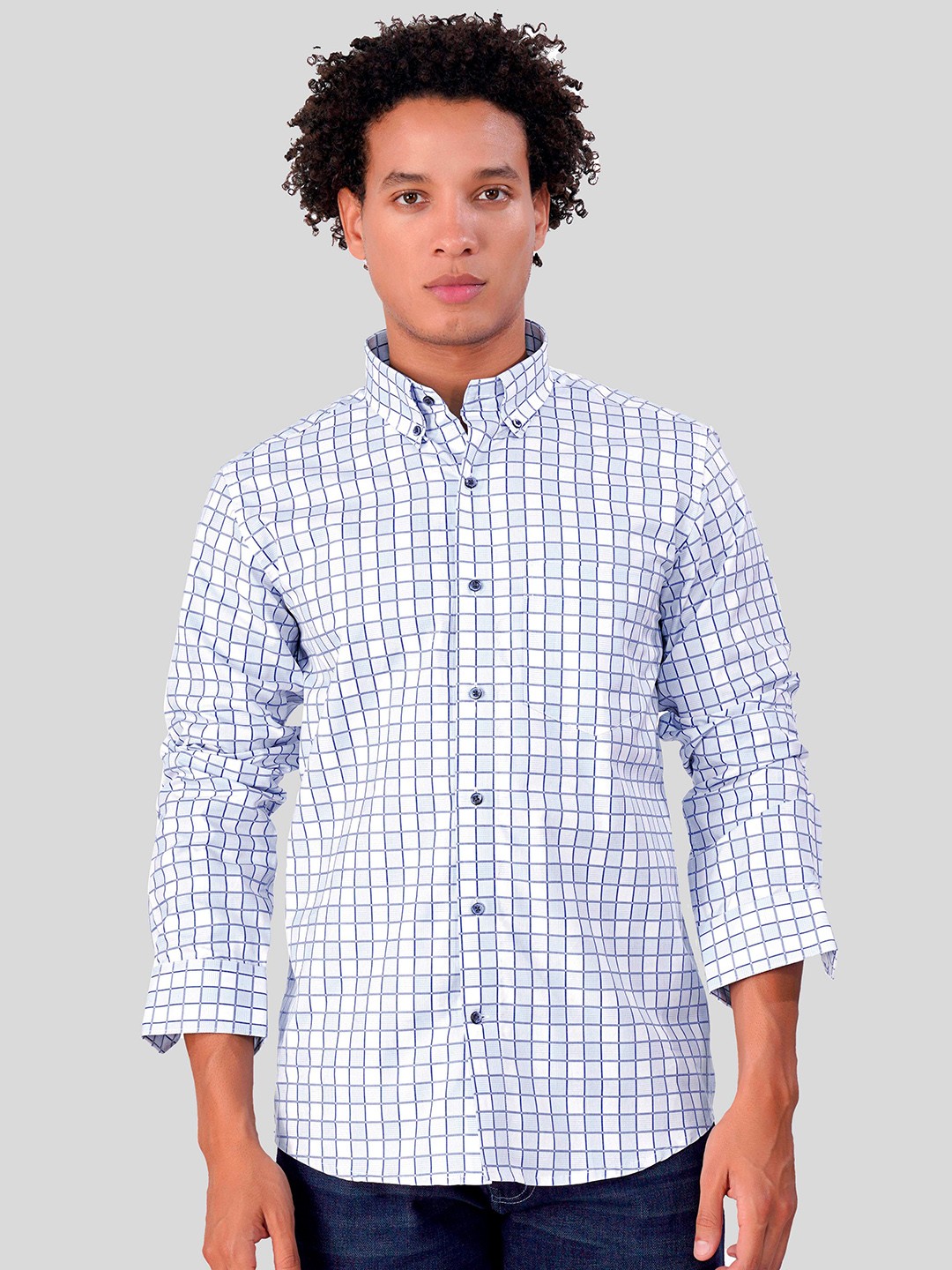 

FRENCH CROWN Standard Geometric Printed Button-Down Collar Cotton Casual Shirt, White