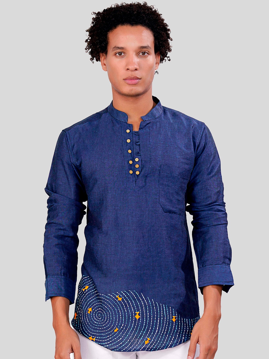 

FRENCH CROWN Mandarin Collar Embroidered Linen Kurta, Blue